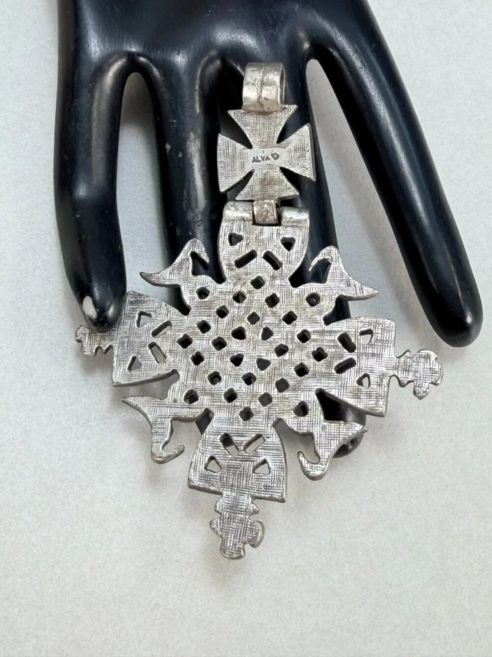 Vintage Alva Ethiopian Coptic Cross Pendant Silver Tone Signed Large